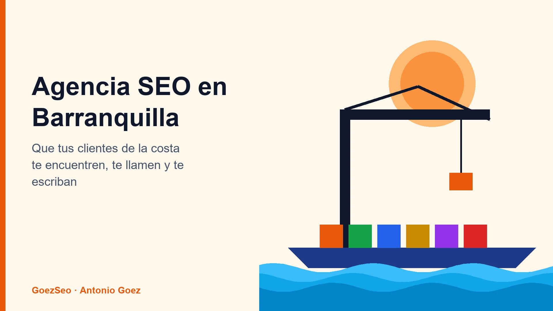 Una grúa de puerto con contenedores de colores sobre un barco, junto a un sol y el mar, que representan Barranquilla