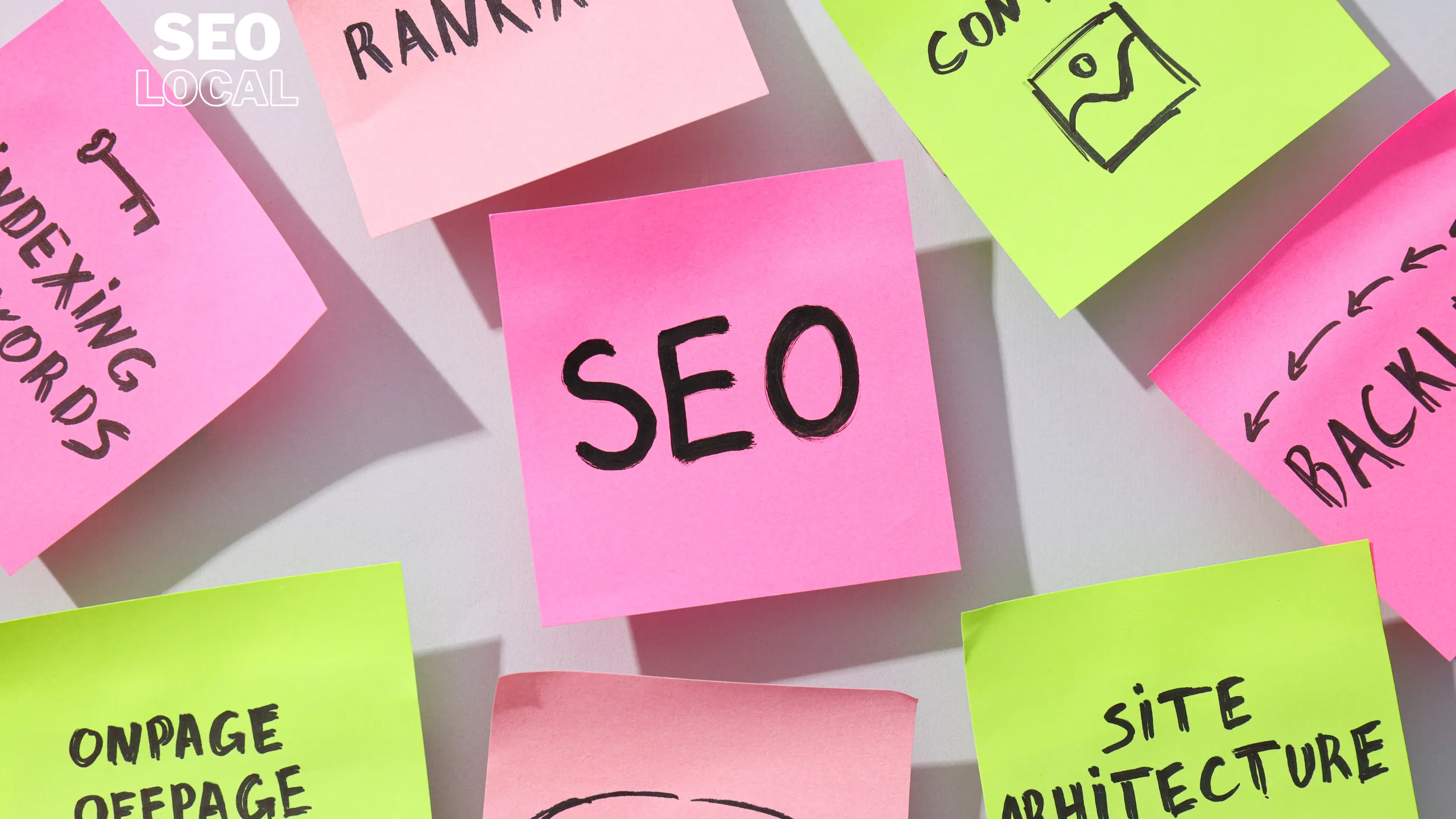Notas adhesivas en una mesa con ideas de SEO, como contenido, estructura del sitio y enlaces, para planificar el trabajo