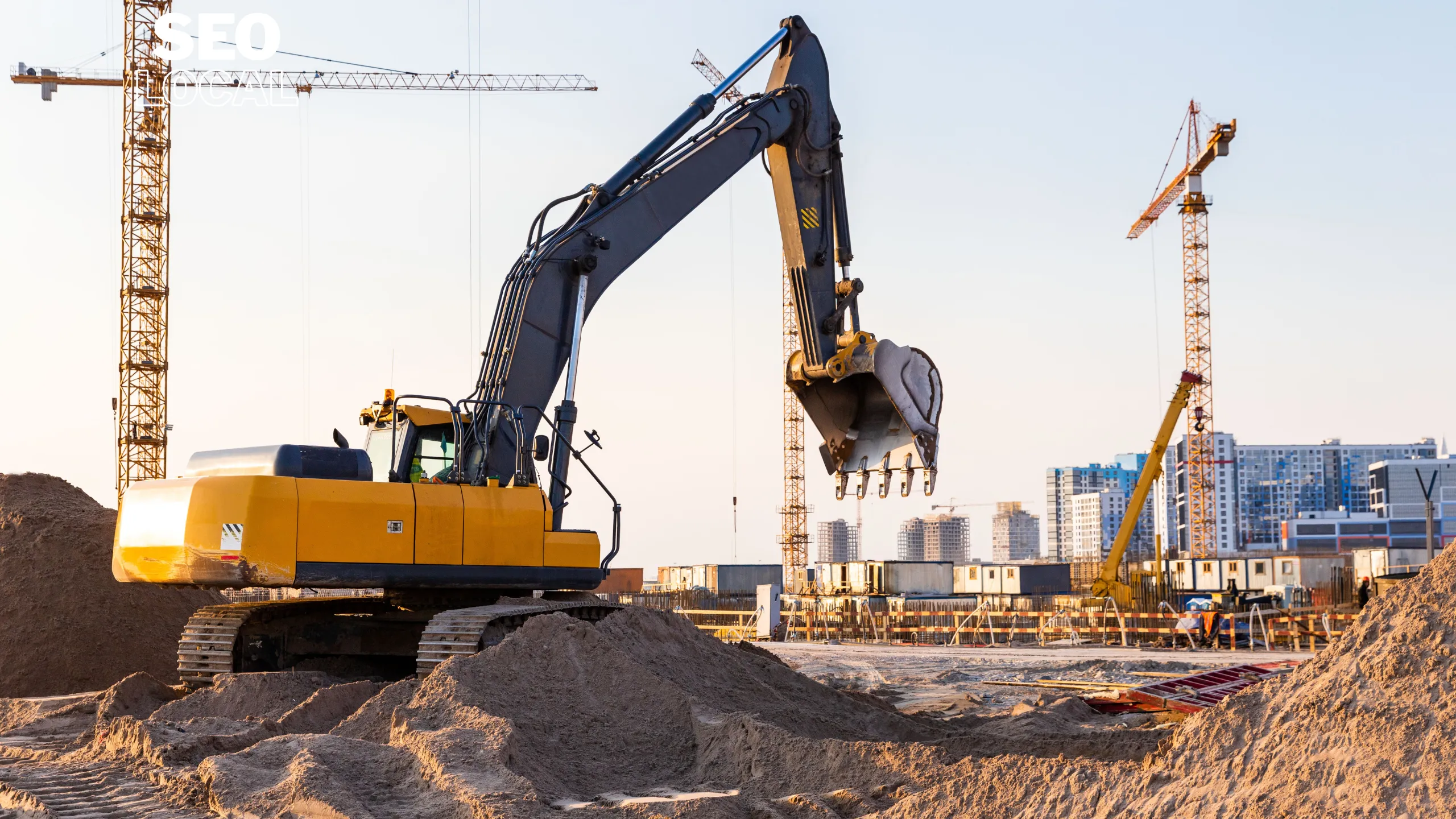 Una excavadora y grúas torre en una obra de construcción
