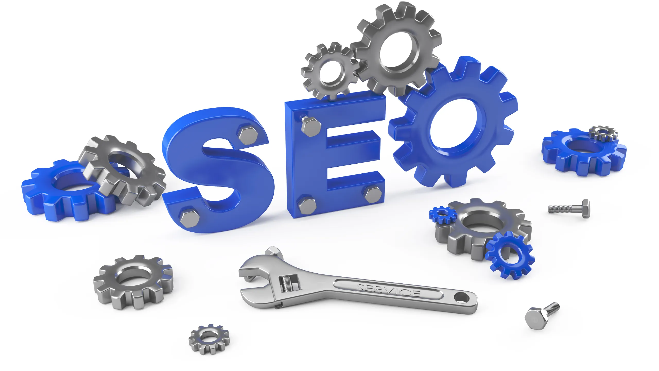 Engranajes y herramientas alrededor de la palabra SEO, que representan el trabajo continuo que incluye una mensualidad