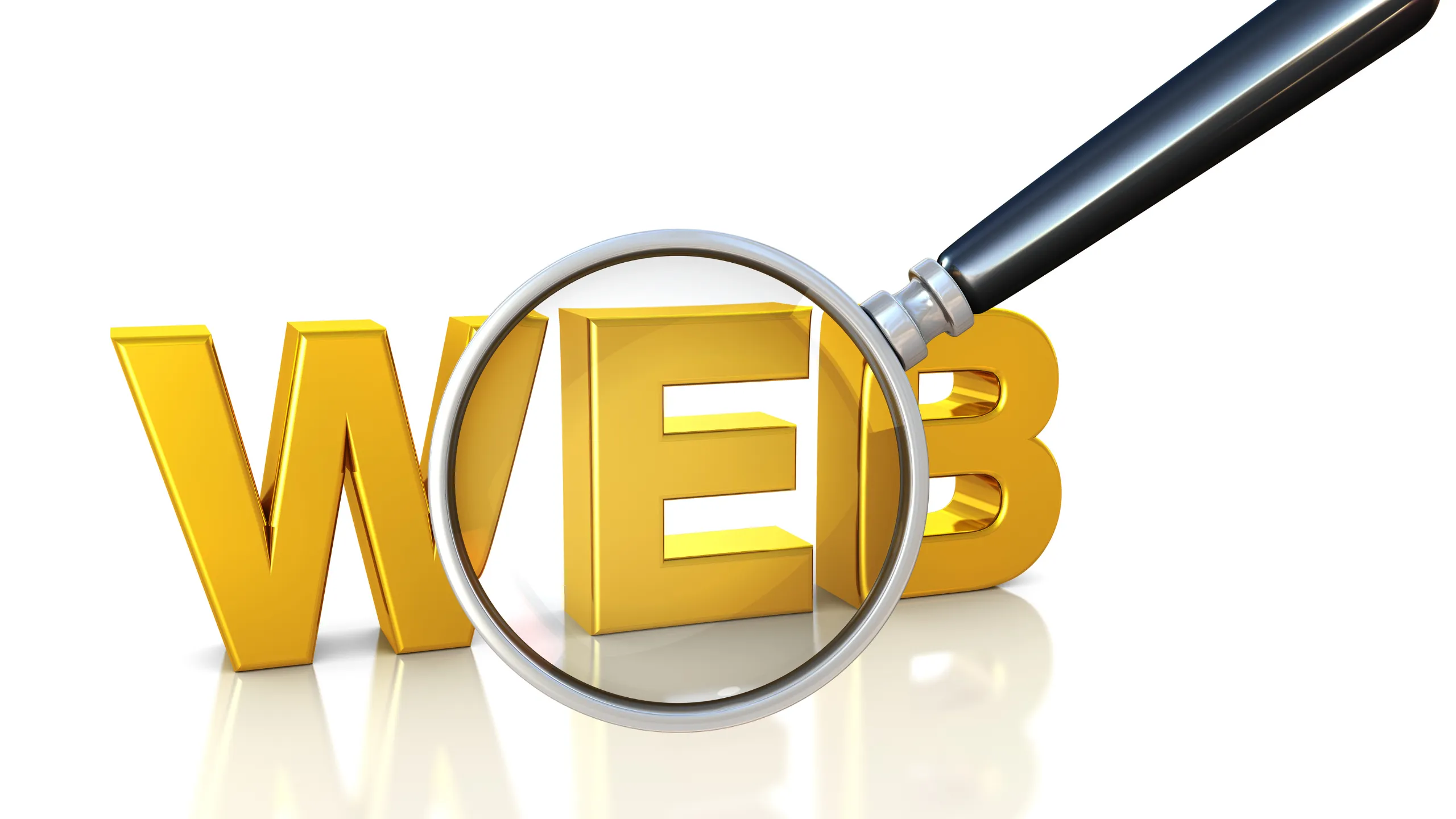 Una lupa sobre la palabra WEB en letras doradas, que representa la búsqueda de una página web empresarial
