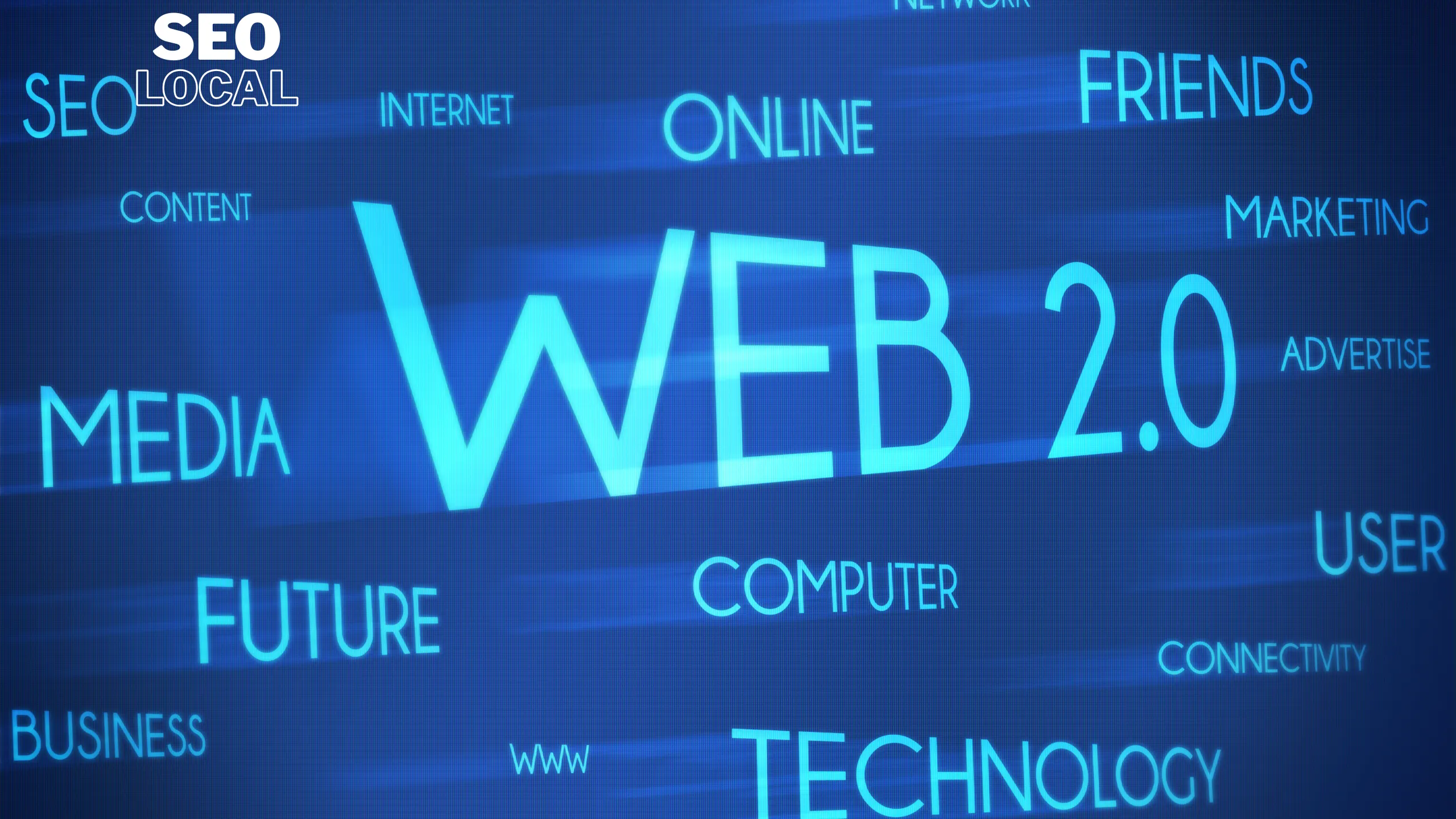 Un fondo azul con palabras como web 2.0, online, marketing, usuario y tecnología, que representan el entorno digital en el que se trabaja el SEO