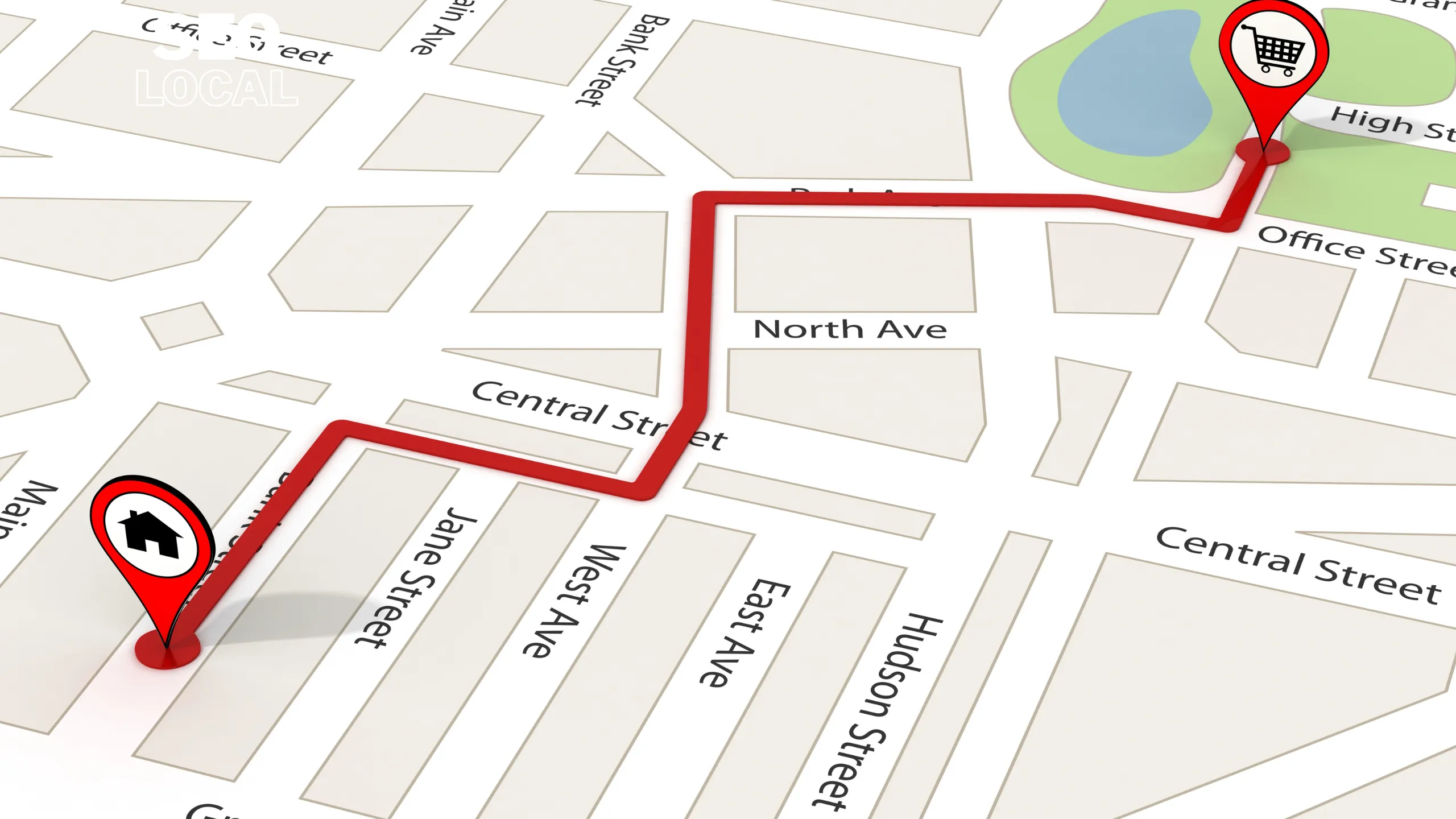 Una ruta marcada sobre un mapa de calles entre dos marcadores rojos, que representa el camino de quien busca un servicio en Bogotá