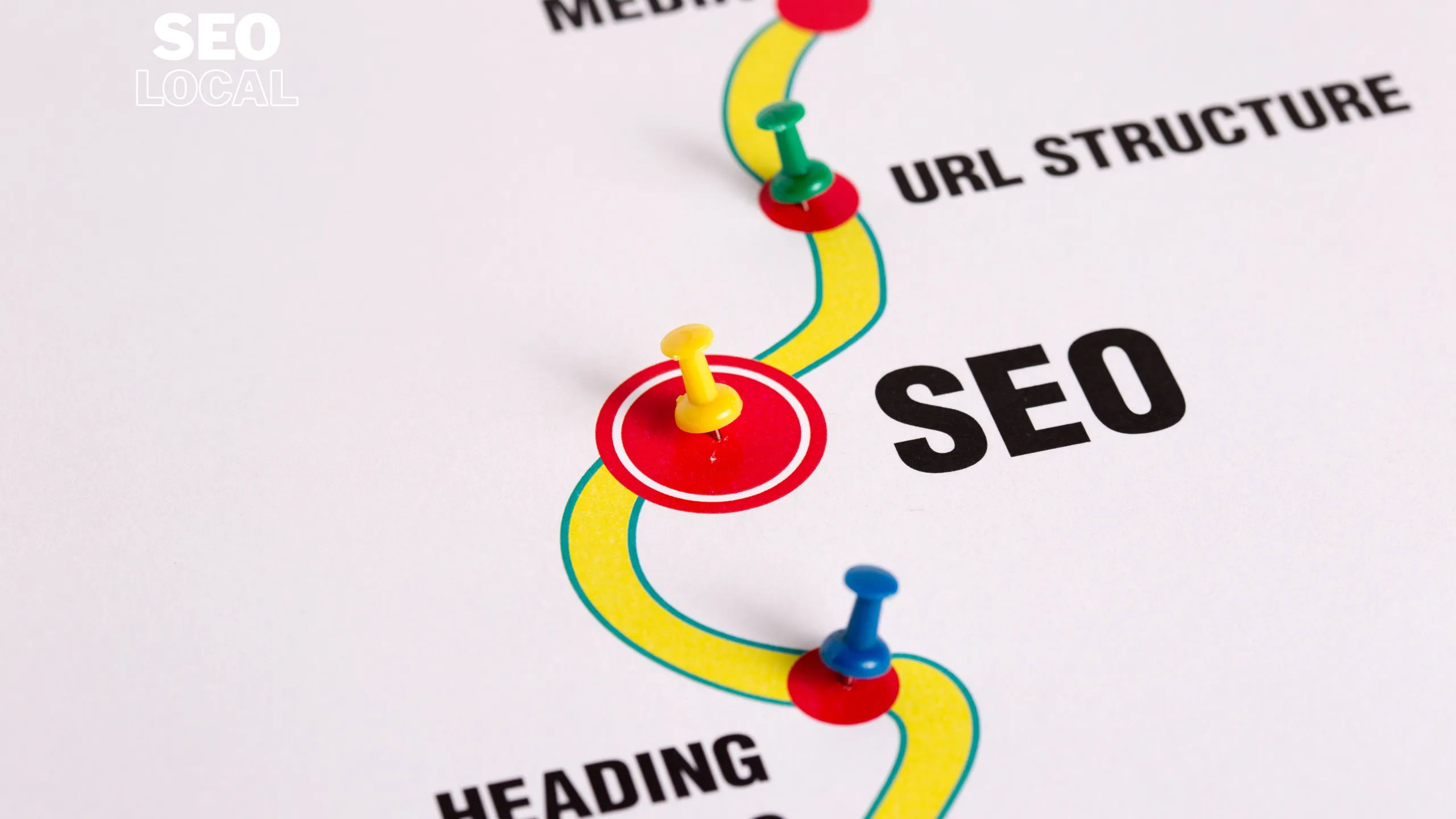 Una ruta con chinchetas rojas que pasa por las palabras URL structure, SEO y heading