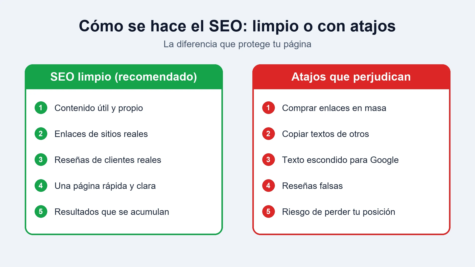 Dos tarjetas que comparan el SEO limpio, con contenido útil y enlaces reales, con los atajos que perjudican, como comprar enlaces o copiar textos