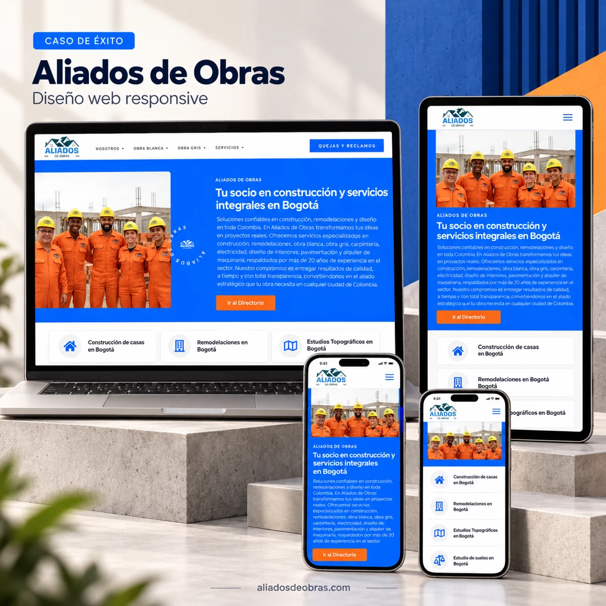 Sitio web de Aliados de Obras en computador, tablet y móviles, con diseño azul y naranja y categorías de servicios de construcción