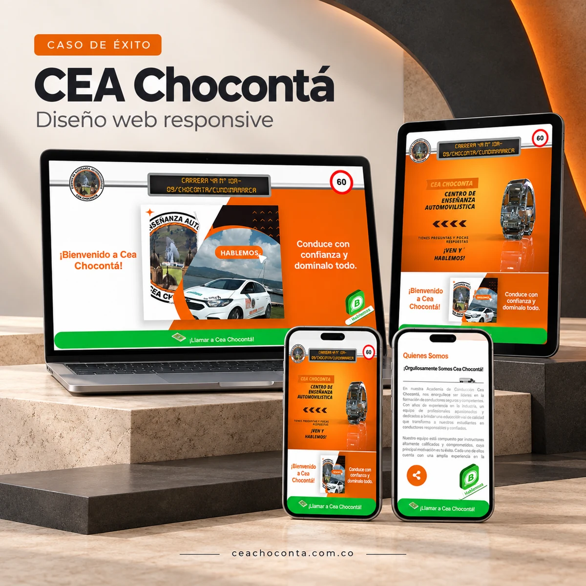 Presentación del sitio de CEA Chocontá en computador, tablet y teléfonos, con diseño naranja inspirado en la conducción