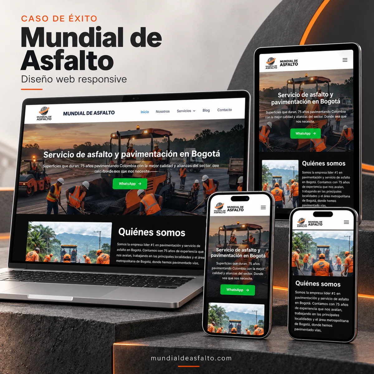 Presentación del sitio de Mundial de Asfalto en computador, tablet y móviles, con imágenes de trabajos de pavimentación