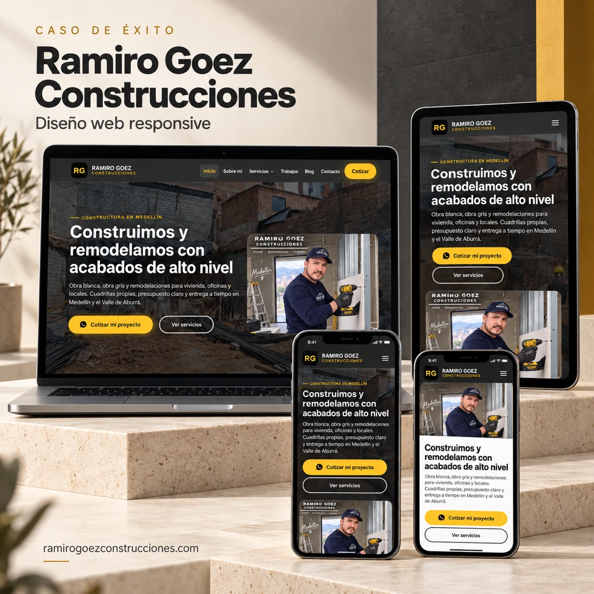 Sitio web de Ramiro Goez Construcciones en computador, tablet y móviles, con diseño moderno en negro y amarillo
